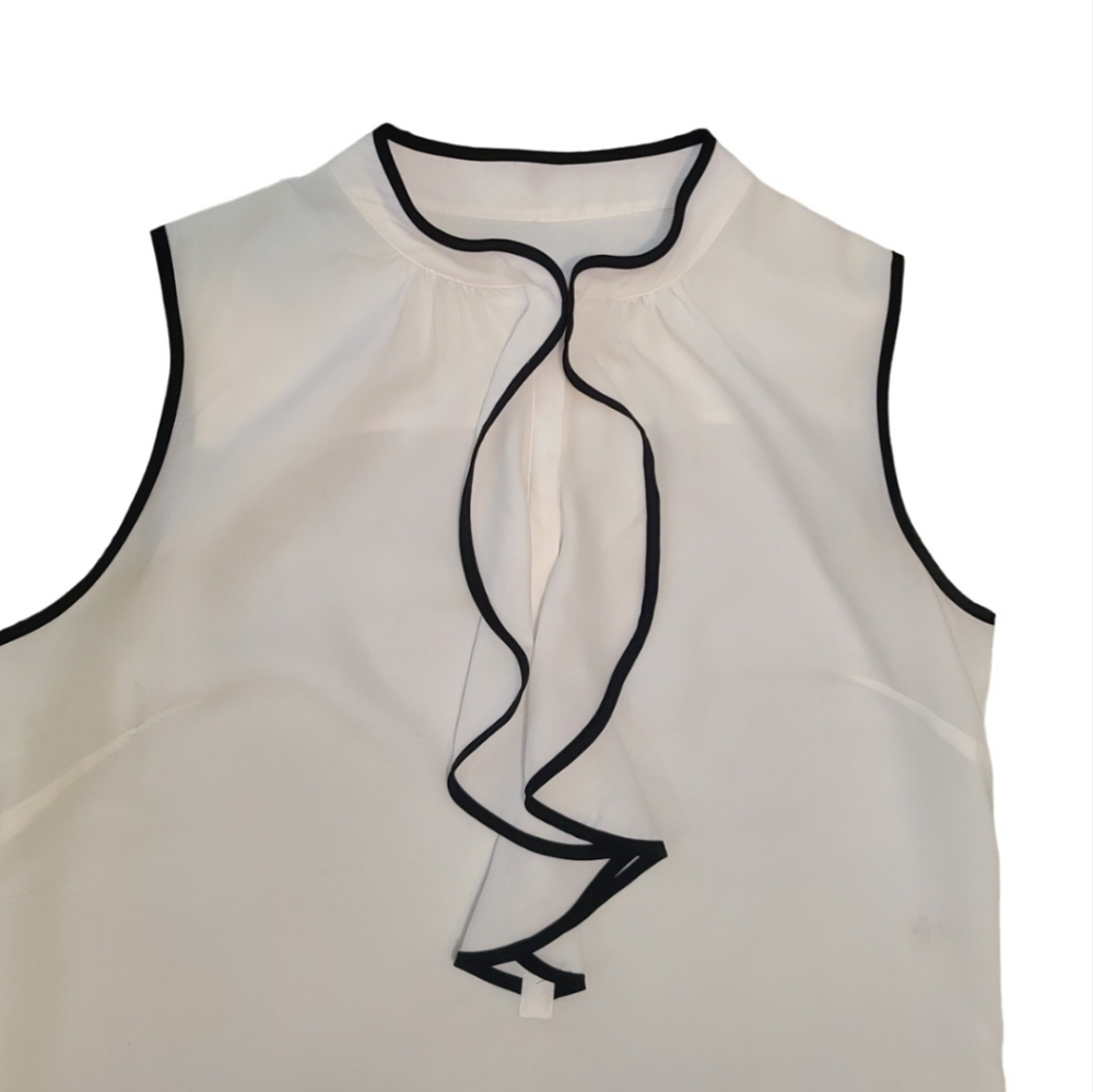 Calvin Klein Sleeveless Ruffle Front Blouse Size M White Black - Picture 3 of 9